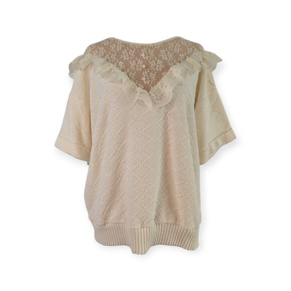 80's Yoked Lace Decolletage Knit Ruffle Sweater - Picture 2 of 5